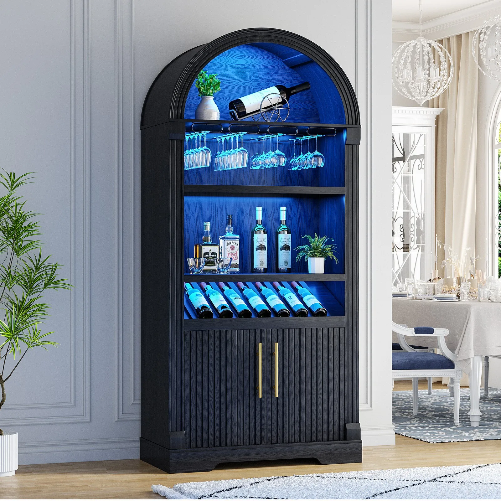

Винный шкаф высотой 71 дюймов со светодиодной подсветкой, 4-уровневый барный шкаф со стеклянной полкой