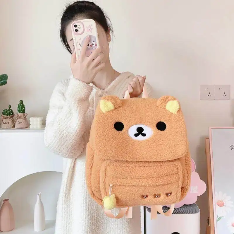 

Adorably Rilakkuma Cute Backpack Cartoon Bear Plush Kawaii large capacity student backpack, travel leisure backpack