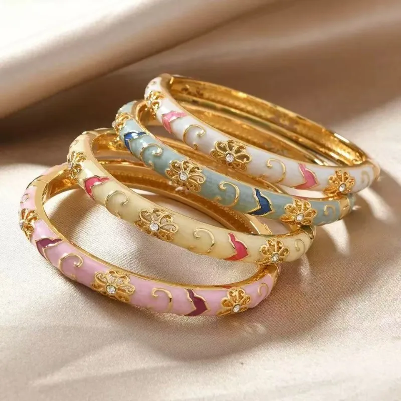 Bracelet jonc floral en émail coloré, style rétro, doré, ouvert, élégant, délicat, bijoux pour femmes, cadeaux