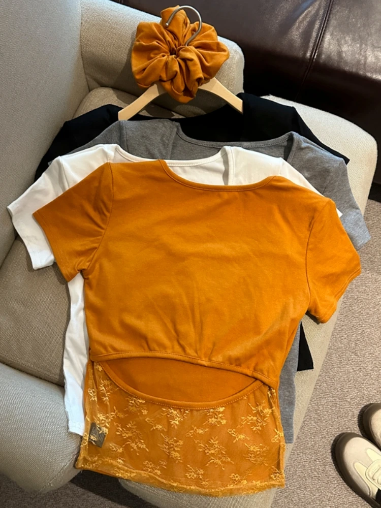 

Lace Hollow out U-Neck Short Sleeve T-Shirt Women's Summer New Style Pure Desire Shoulder Pad Short Top Self-Reserve Model