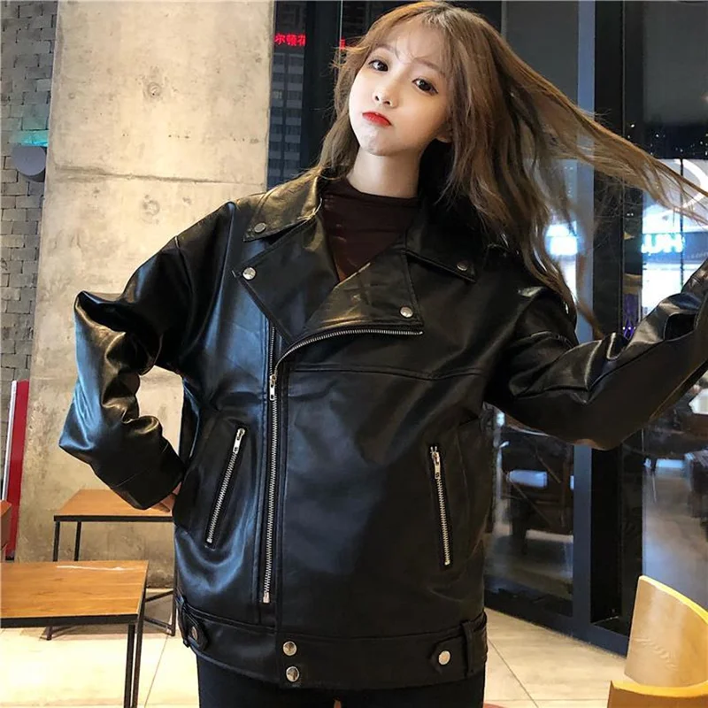 Basic Jackets Women Spring Autumn Korean Style Loose Biker Turn-down Collar All-match Pu Leather Fashion Casual Female Outwear