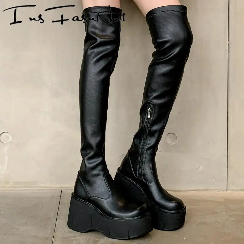 Ins Hot Spice Girl Thick Bottom Over The Knee Boots Women Chunky Platform High Heel Stretch Boots All Match Fashion Botas Mujer