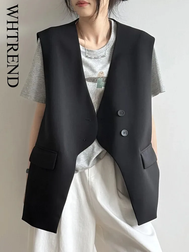 

WHTREND Необычный жилет, пальто для женщин, свободный однобортный однобортный жилет с v-образным вырезом и карманами, однотонные модные топы, новинка осени 2024, WH1671