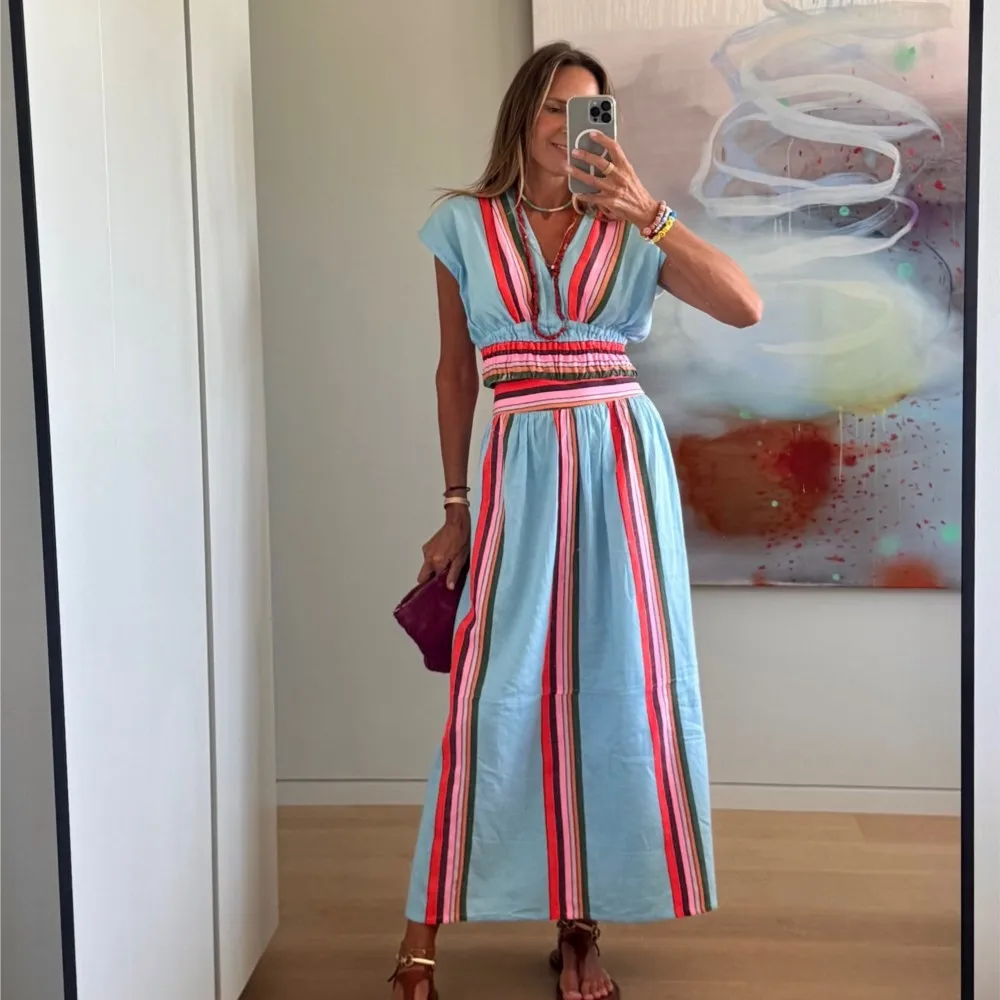 

Color Stripe Skirt Two Piece Set Women Fashion V-neck Sleeveless Cropped Top High Waist Skirts 2 Piece Sets Spring Summer New
