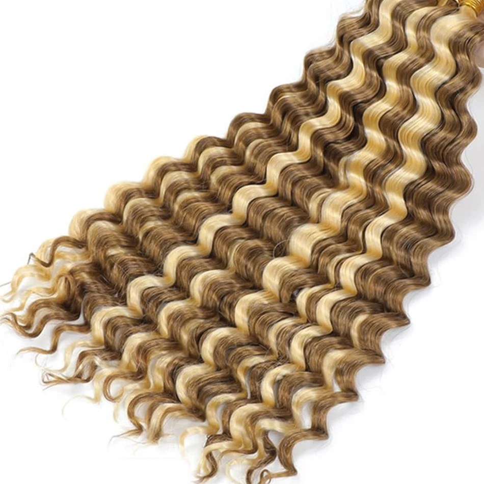 27/613 금발 딥 웨이브 인모 브레이드 헤어, 마이크로 크로셰, 곱슬 브레이드, 씨실 없는 벌크 헤어, 매듭 없는 보헤미안 박스 브레이드