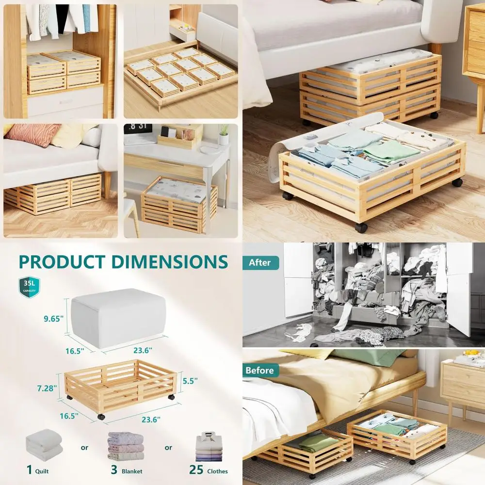

Rolling Underbed Storage with Wheels, Large Capacity Dustproof Bags, 2-Pack Wooden Shoe Organizers (Nature, 23.62x16.54)