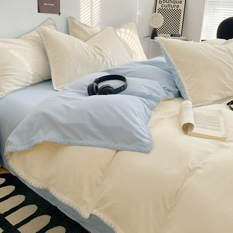 3 Pcs Simple Solid Color Quilt Cover Set with Pillowcases Stitching Design King Queen Size Bedding Set Soft Brushed Duvet Cover