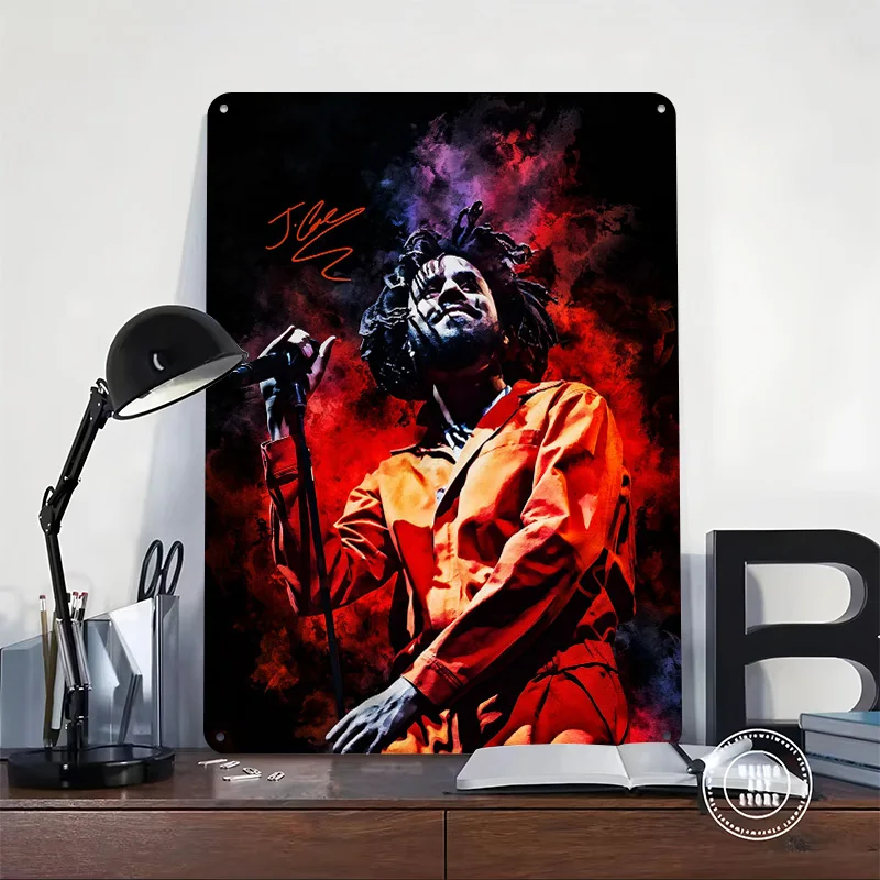 J. Cole Portrait With Signature Poster Retro 3D Printed Metal Signs Customized Wall Hanging Gift for Gaming Room Decoration Man