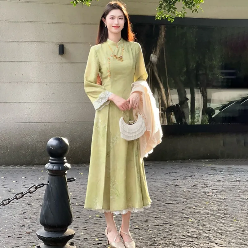 Gaun Cina, Qipao gaun wanita Cheongsam bercetak renda pakaian musim semi musim gugur Retro lengan panjang tradisional elegan