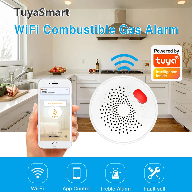 

Tuya Wifi Smart Home Natural Gas Sensor, Combustible Coal Gas LPG Gas Leakage Alarm Detector, Fire Security Protection