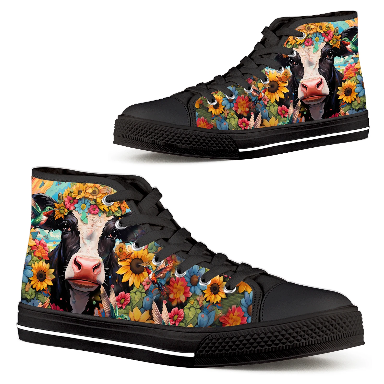 

ELVISWORDS Comfortable Lace-up Women's Shoes Cow Designer Brand High-top Shoes Sunflower Cattle Print Canvas Shoes Flats Zapatos