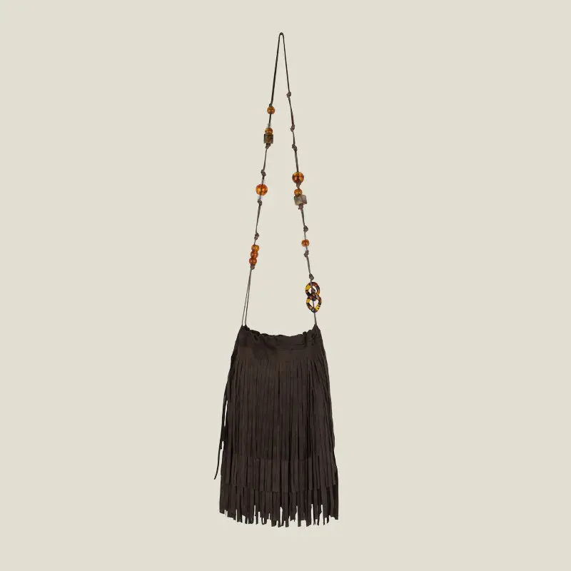 Frosted PU Leather Fringe Tassel Original Bohemian Bag Beads Bags Women\'s Handbags Purses Vintage Women Shoulder Crossbody Bag