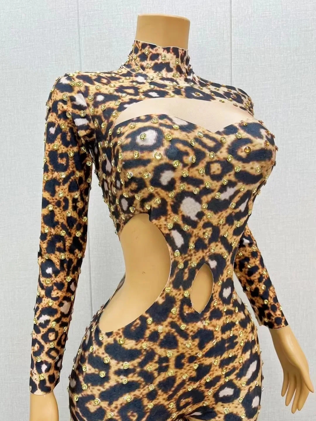 Sexy Stage Leopard Gold Rhinestones Bodysuit Spandex Hollow Waist Jumpsuit Outfit Birthday Party Dance Photoshoot Collections