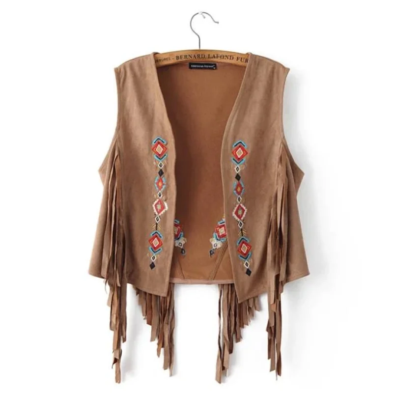 Womens Embroidered Fringe Waistcoat Vintage Vest Top