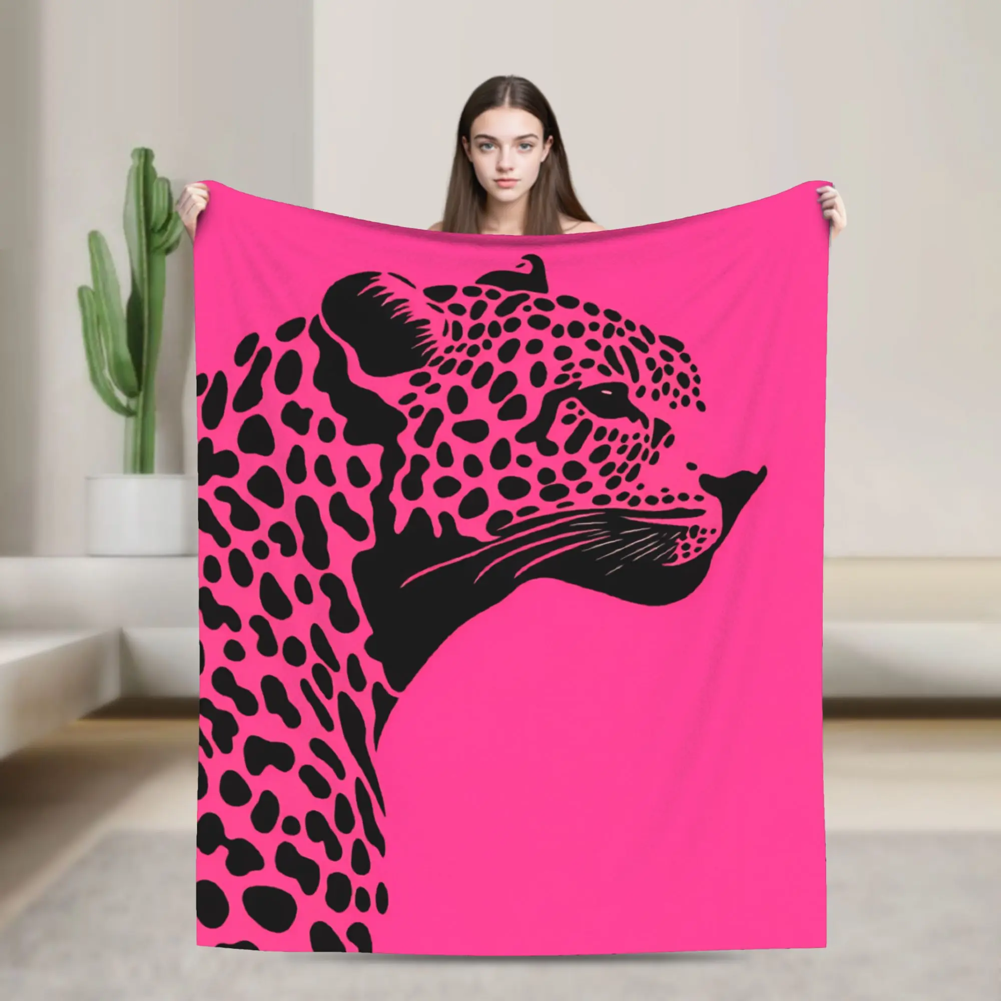 Cozy Blankets Travel Office Black Leopard Silhouette On Bright Pink Background Throw Blanket Novelty  Bedspread For Home Decor
