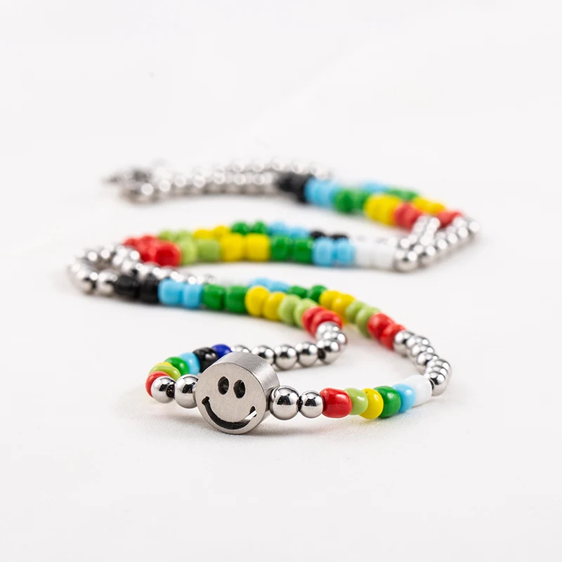 High Quality Vintage Temperament Male/Female Pendant Stainless Steel Rainbow Glass Beads Smiley Face Necklaces view 3
