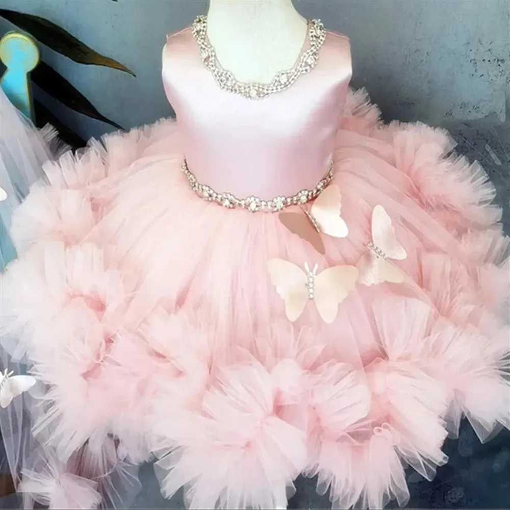 

Customized Lovely Pink Beading Sleeveless 3D Butterfly With Bow Flower Girl Dress For Wedding Child's Birthday Party Dress