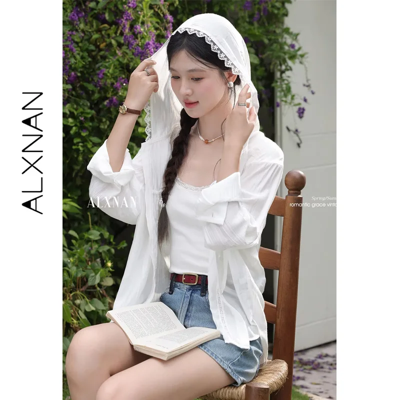 

ALXNAN женская рубашка, белая рубашка с капюшоном и длинными рукавами с защитой от солнца, лето 2025, кружевной лоскутный повседневный женский топ свободного покроя L56323