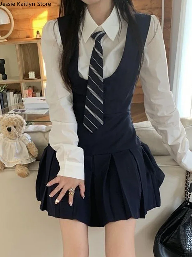 Mulheres Japão Kawaii Uniforme de Estudante Escolar, Coreano Menina Bonita JK Cosplay, Camisa Branca, Conjuntos de Vestido Deslizamento Plissado, Novo, Outono