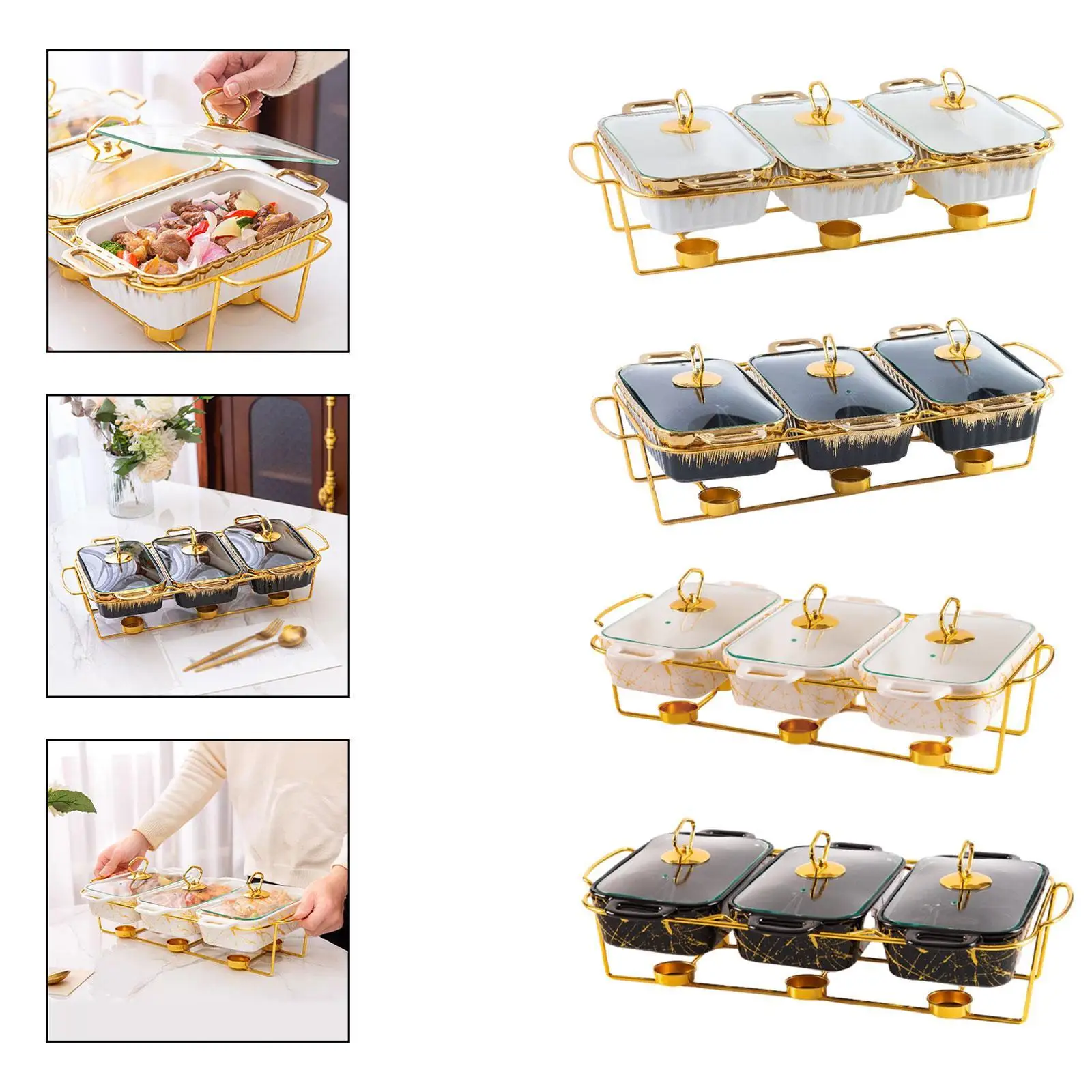 Chafing Dish Warming Trays mit Griffen und Ständer, luxuriöser Wärmer aus Keramik