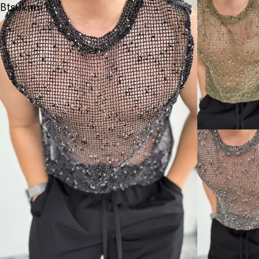 New Hot Sale Men's Sexy Hollow Out Mesh Muscle Tank Tops Sparkling Fabric Sheer See Vest Nightclub Party Tops Fashion Men Tees