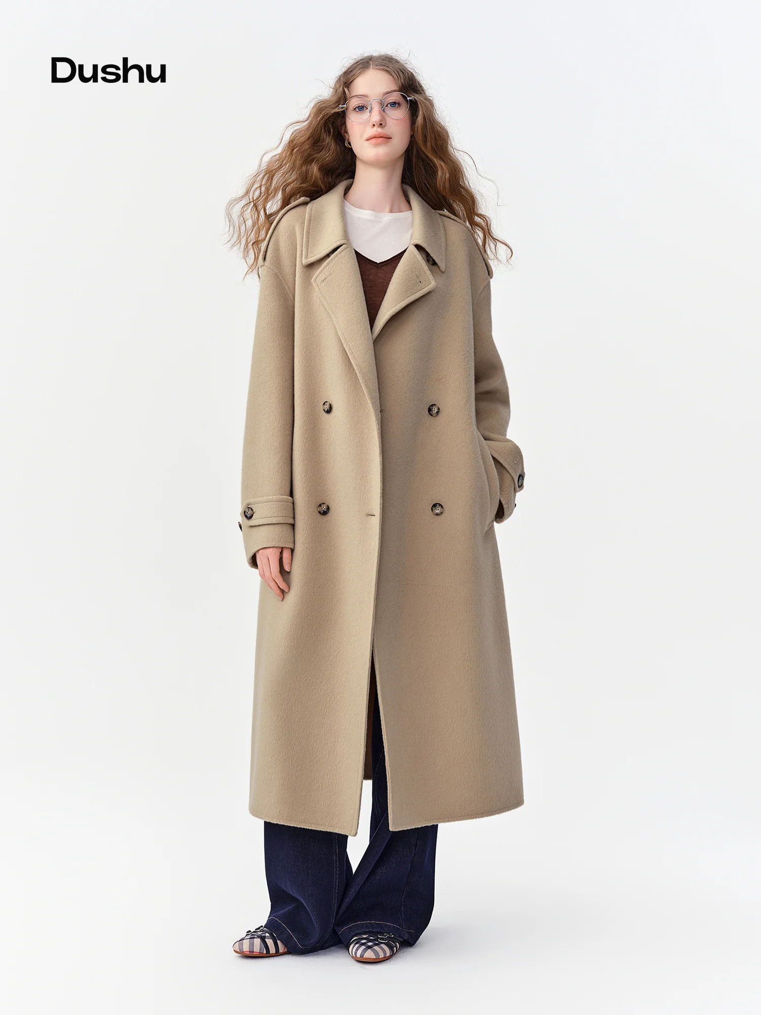 DUSHU 2026 Autumn Winter Women Classic Epaulets Double Breasted Wool Blend Long Coat Elegant Commute Hot Sale Chic Streetwear