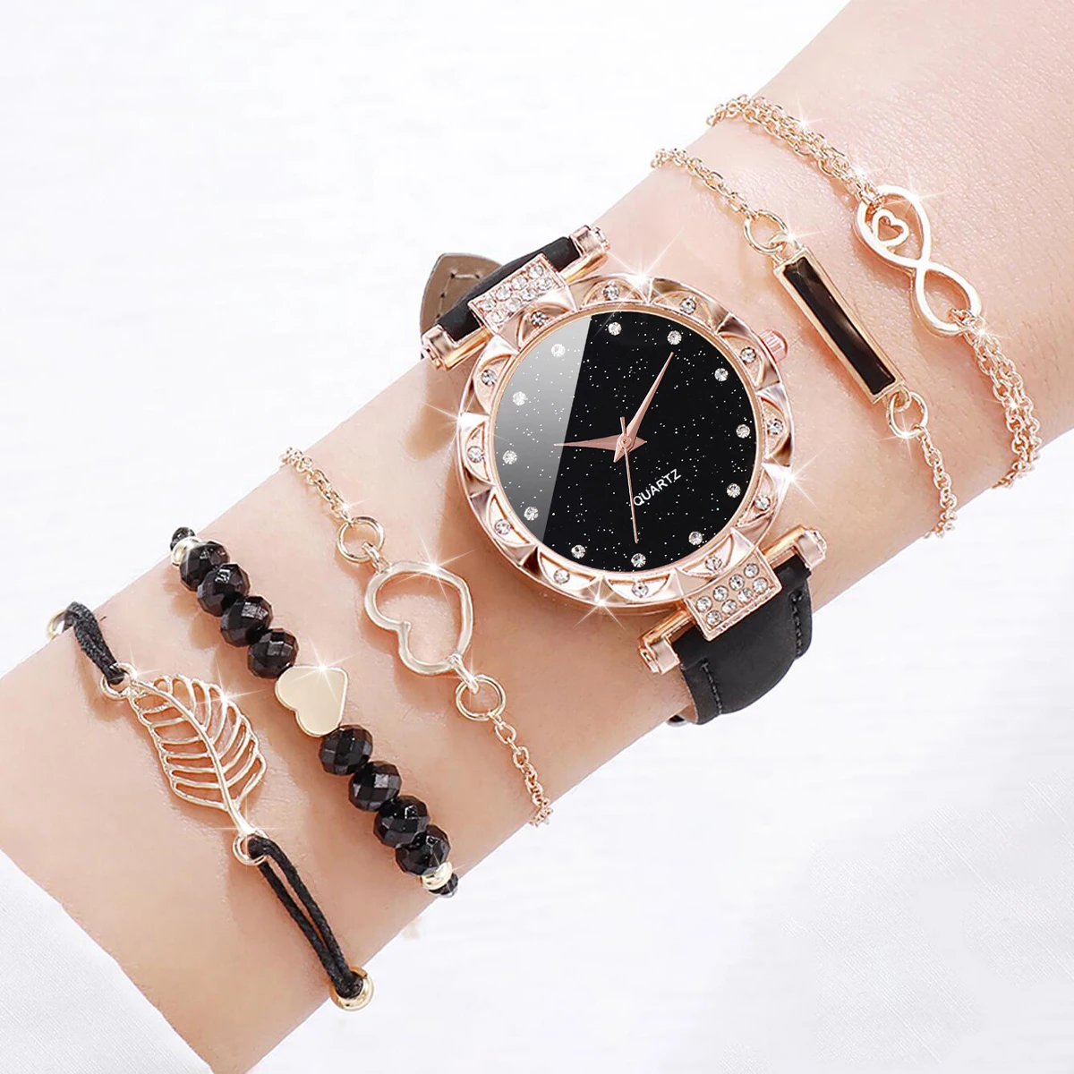 6PCS/Set Women's Fashion Watch Set Simple Dial Leather Quartz Watch With Love Leaf Bracelet