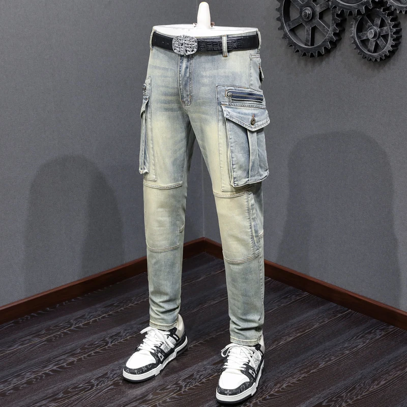 Street Fashion Men Jeans Retro Washed Stretch Slim Fit Big Pocket Denim Cargo Pants Hombre Spliced Designer Hip Hop Biker Jeans