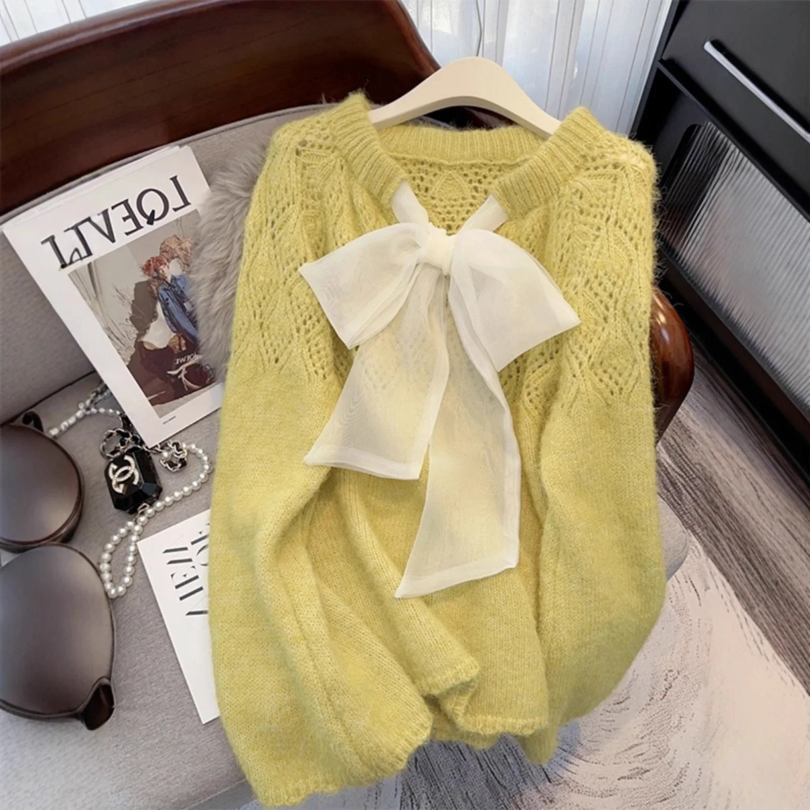 Sweet  Knot Hollow out Knit Sweater Women's Soft Cozy Overhead French Style Long Sleeve Autumn Winter New Arrival