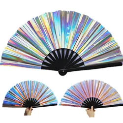 1Pc PVC Tai Chi Fan 33cm Bamboo Fan Laser Kung Fu Folding Fan Craft Gifts Stage Performance Dance Party Photography Props Fan
