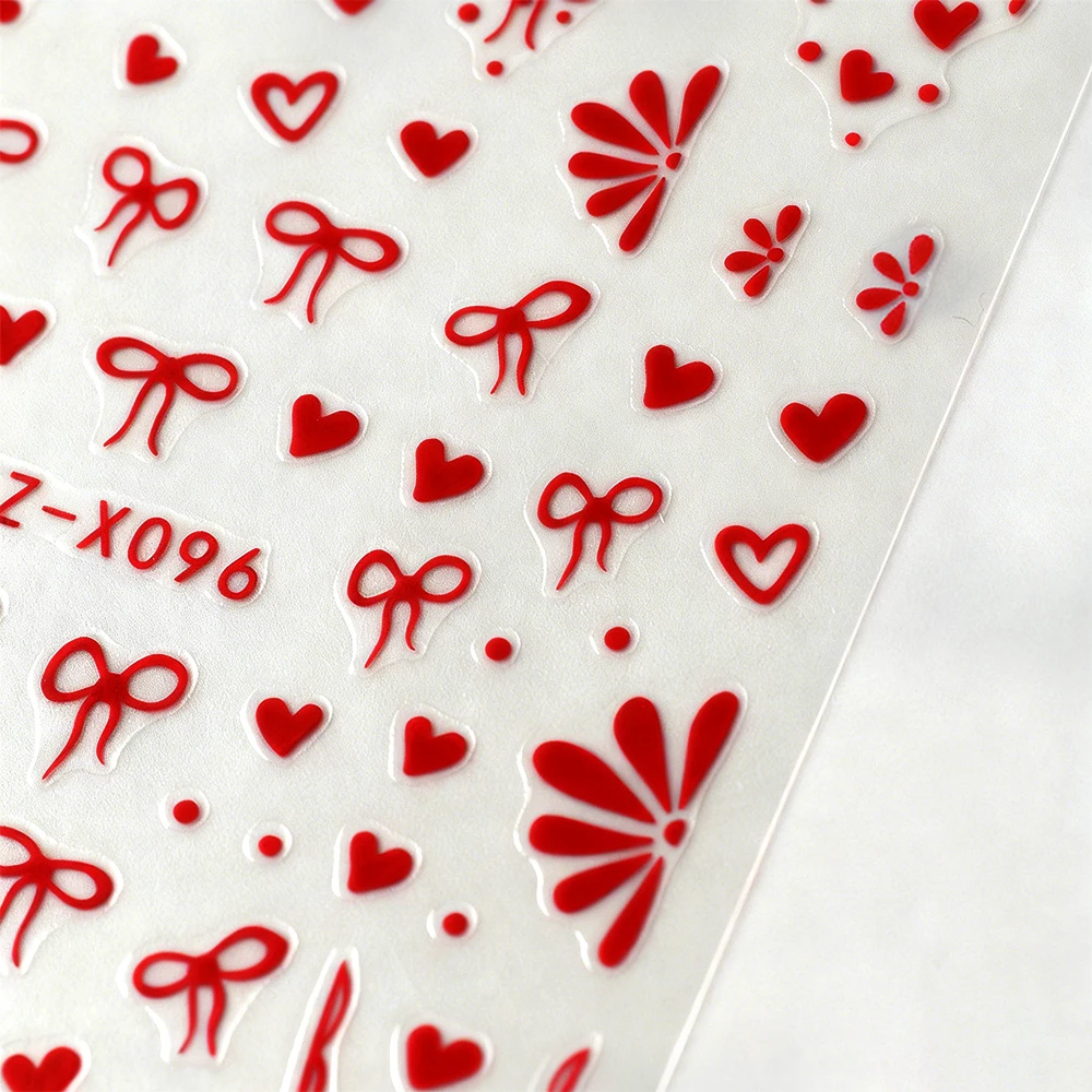1 szt. Naklejki na paznokcie 3D z czerwonymi kokardkami i serduszkiem, urocze francuskie kokardki, naklejki na paznokcie na Walentynki, samoprzylepne ozdoby na paznokcie z serduszkiem, akcesoria do paznokci 6*9cm