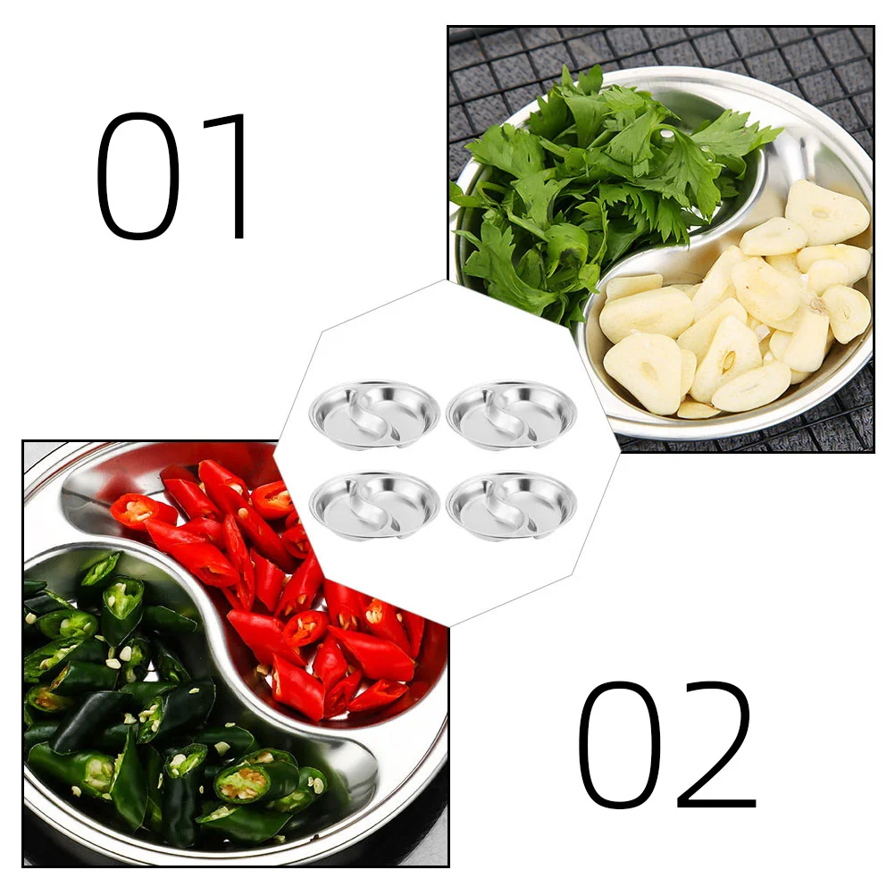 

4pcs Stainless Steel Divided Sauce Dish Condiment Holder For Soy Sauce Vinegar Oil Seasoning Plate Appetizer Serving