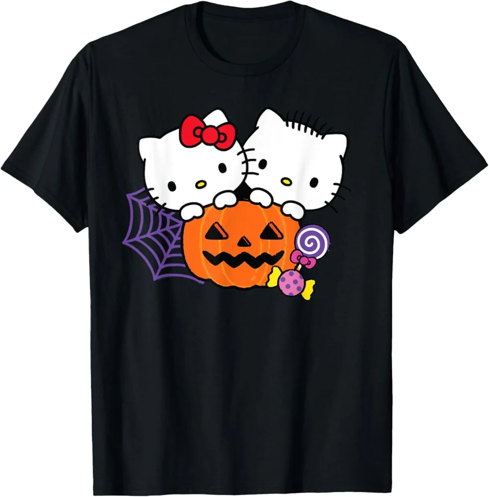Halloween Hello Kitty&Mommy Pumpkin T-shirt Cute Cartoon Spider Web Candy Printed Short Sleeve T-shirt