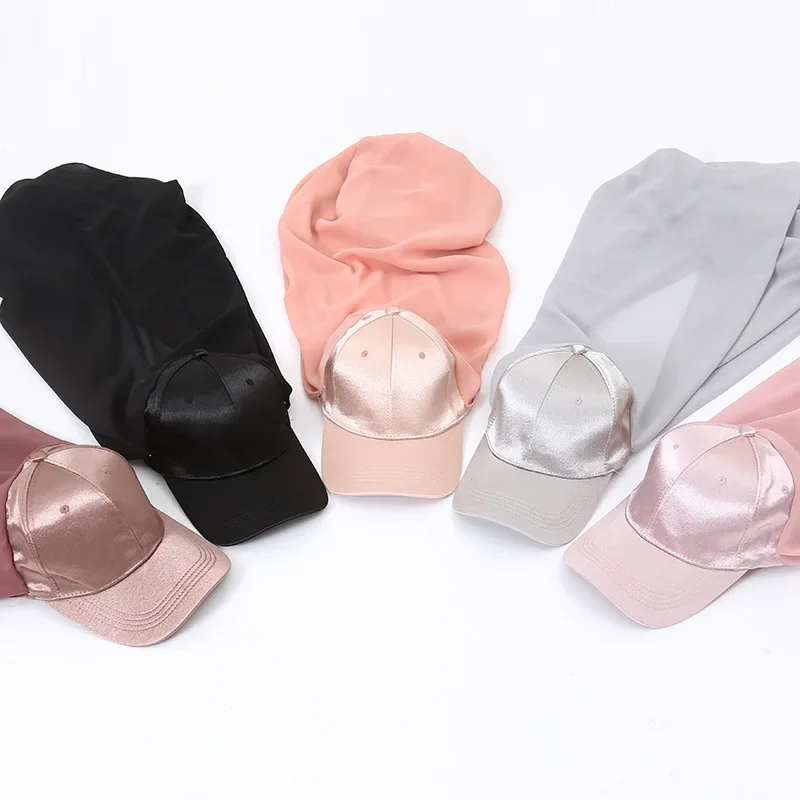 New Chiffon Hijab with Satin Base Ball Cap Summer Woman Hat with Chiffon HIjabs Ready To Wear Turban Instant HIjabs Headscarf