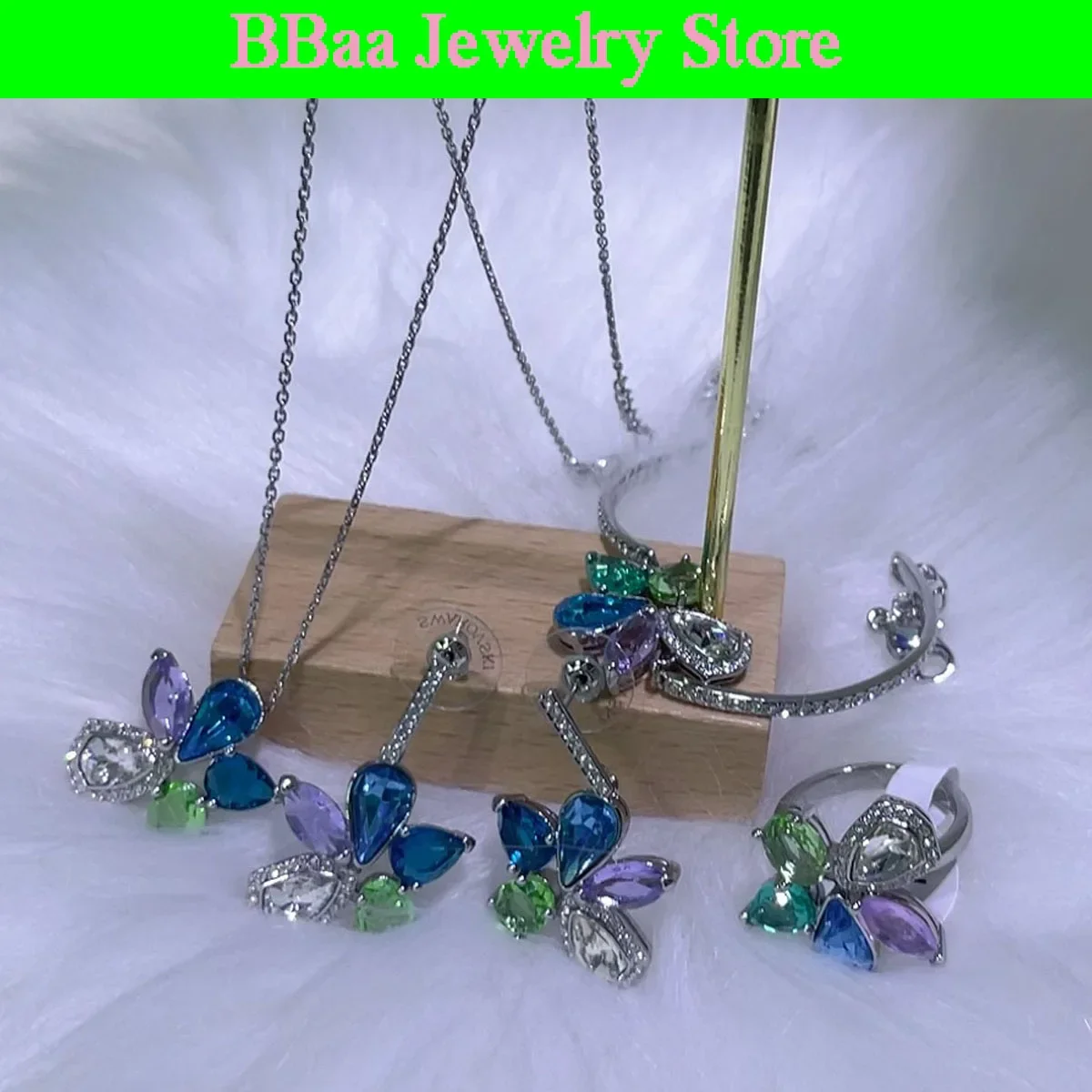 

Luxury Crystal Blue Flower Purple Lotus Jewelry Set Necklace Earrings Bracelet Ring High Quality Christmas Party Gifts for Women
