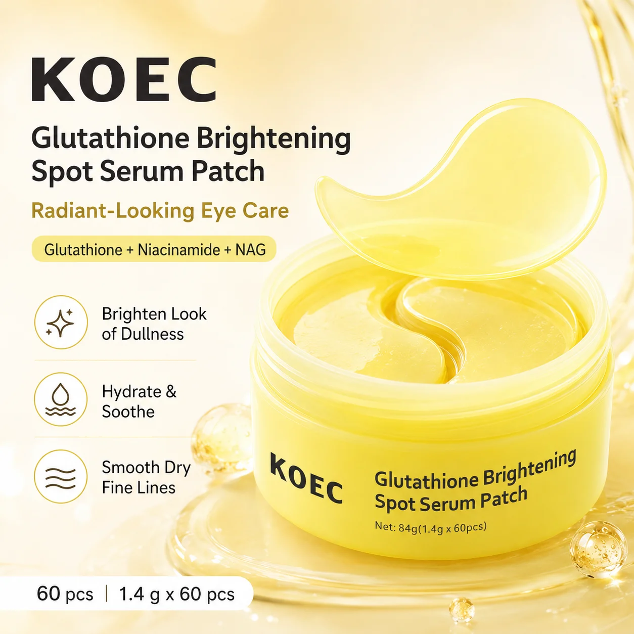 KOEC Glutathione Brightening Under Eye Patches, 60pcs | Niacinamide & NAG Eye Masks for Dark Circles, Puffiness & Even Skin Tone, Glutathione Skincare for Under Eye