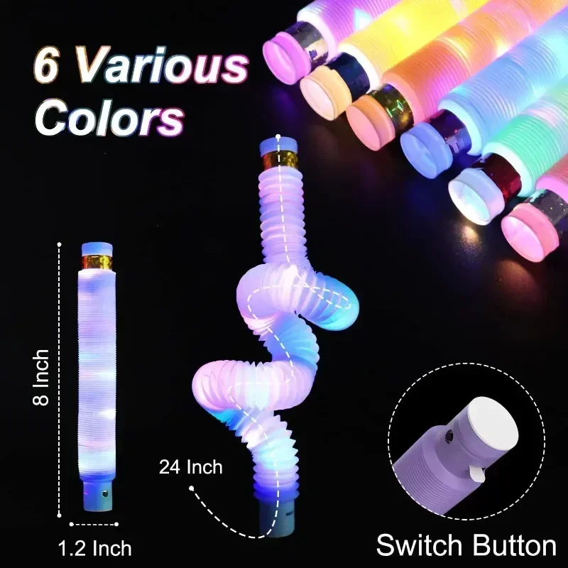 Tubos Pop coloridos iluminados con LED, juguetes sensoriales, tubo elástico, regalos para niños pequeños, suministros luminosos para fiestas, 6 uds.