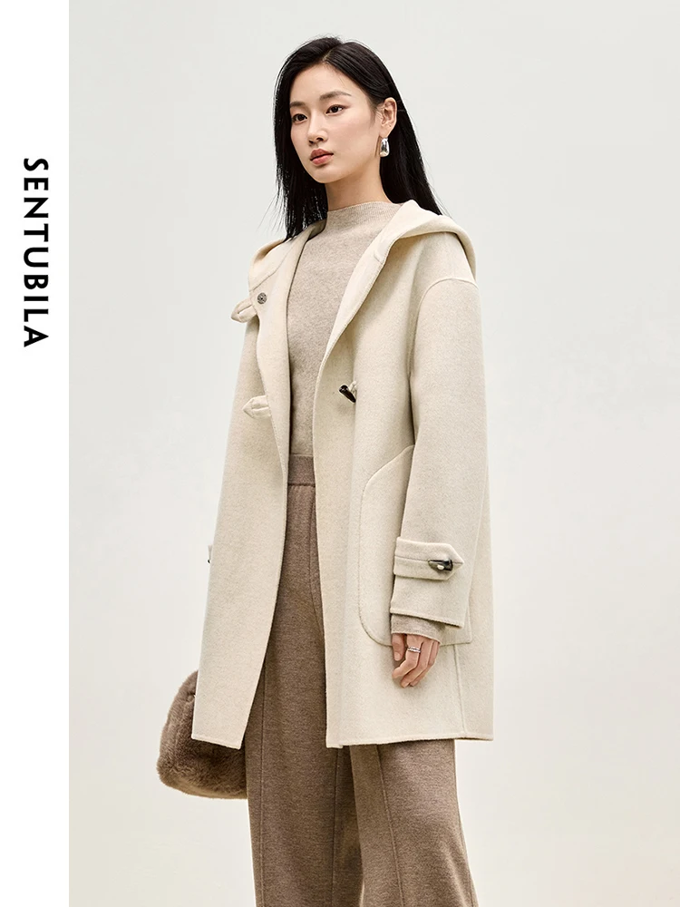 SENTUBILA Double Sided 100% Woolen Coat 2024 Winter Mid-length Straight Bull Horn Buckle Female Hooded Outwear W44O55979