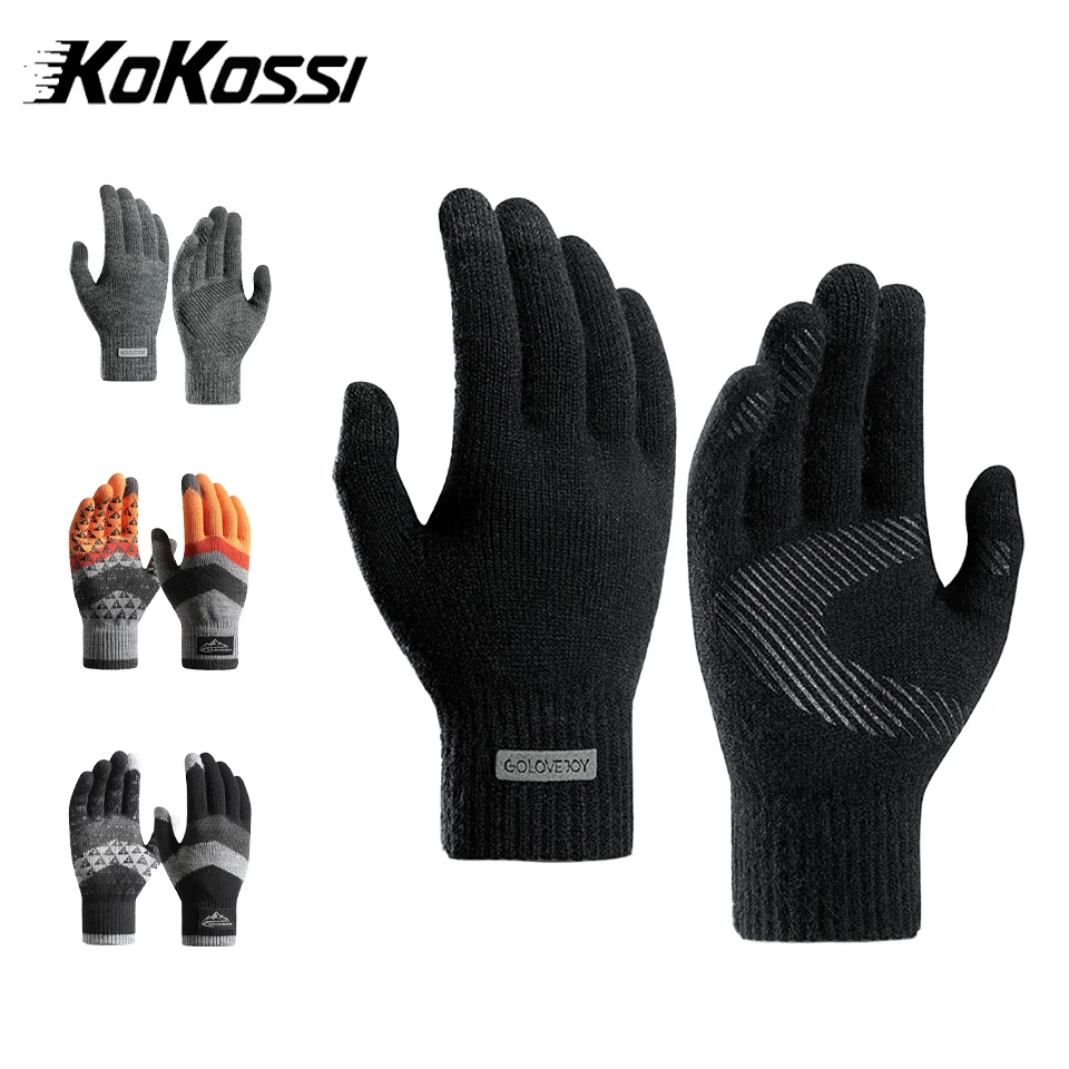 KoKossi Autumn Winter Knitted Gloves Velvet Wool Men's Gloves Anti-Slip Touchscreen Windproof Outdoor Cycling Running Gloves