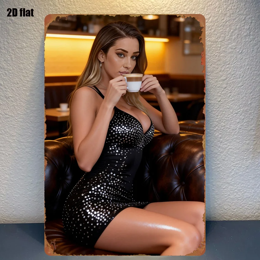 2D Fashion Women Coffee Wandkunst Metallschild 8x12 Zoll Vintage Home Decor