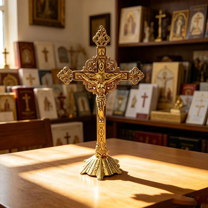 New 2026 High Quality Gold Plated Standing Crucifix with Jesus for Christian Church Altar Blessing and Home Prayer Tabletop Gift