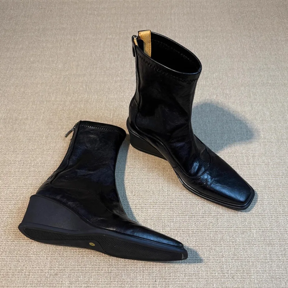 

Женские ботинки на наклонном каблуке, на толстой подошве, эластичные тонкие ботинки, женские короткие ботинки на молнии сзади в стиле ретро, британские ботинки для верховой езды