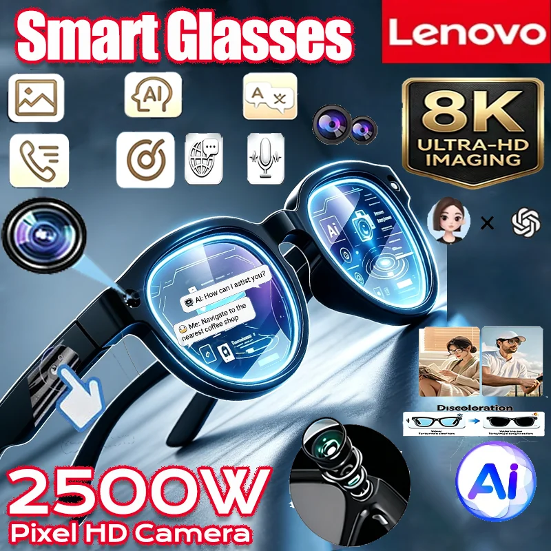 Lenovo 2500W 12K Upgrade Smart AI Glasses NEW HD Camera Shooting Video Photo Voice Bluetooth Call Translation Motorcycle Glasses