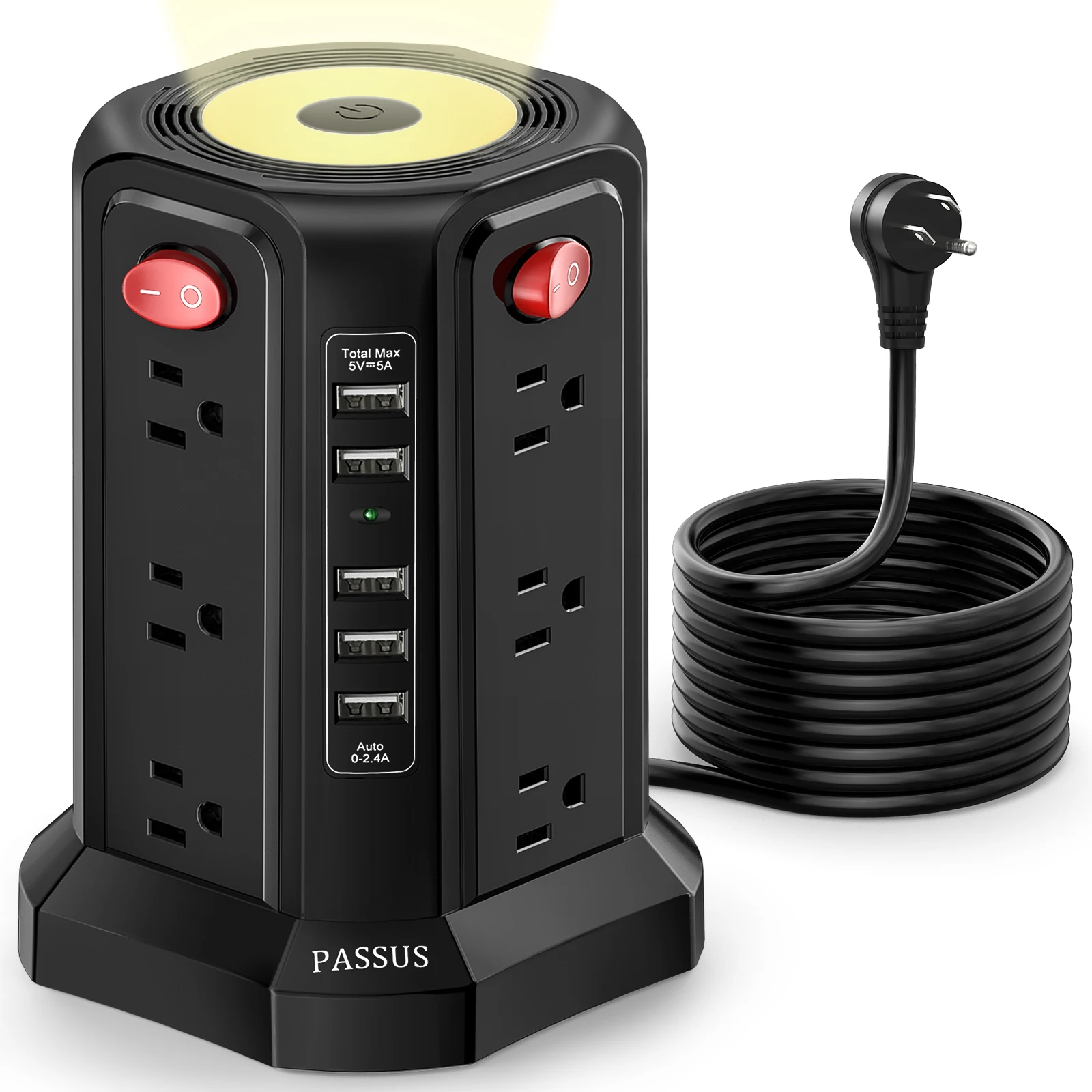 10FT Extension Cord with 12 AC Multiple Outlets, 5 USB Ports and Night Light, PASSUS Surge Protector Power Strip Tower