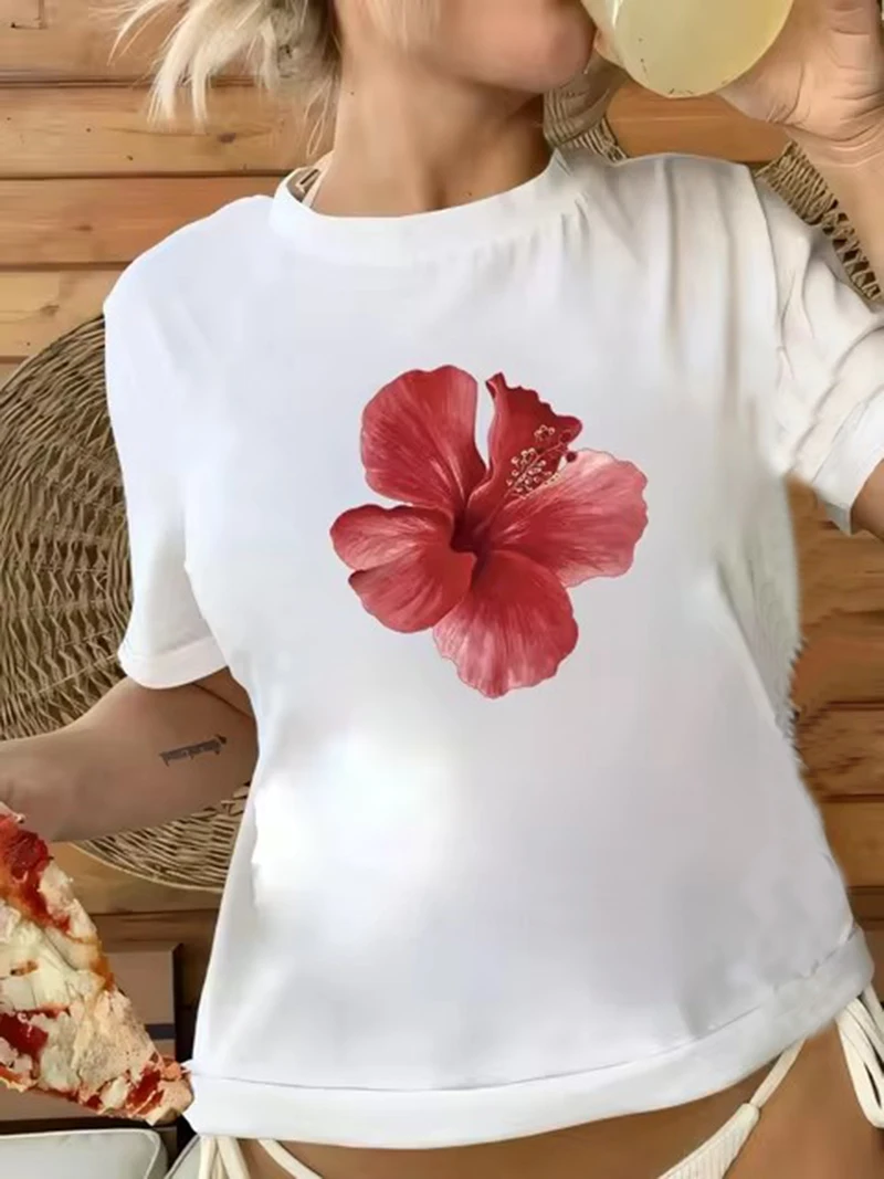 Summer Women Fashion Cherry T-Shirt Cherry Print O-Neck Tops Tees Floral Graphic Short Sleeve Clothing Female Casual Streetwear