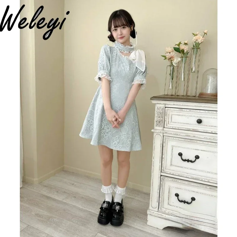 

Sweet Kawaii Vintage Dress for Women Summer Cutecore Frock Lace Bow Irregular Spill Sukienka Dark Stripe Commuter Elegant Kleid