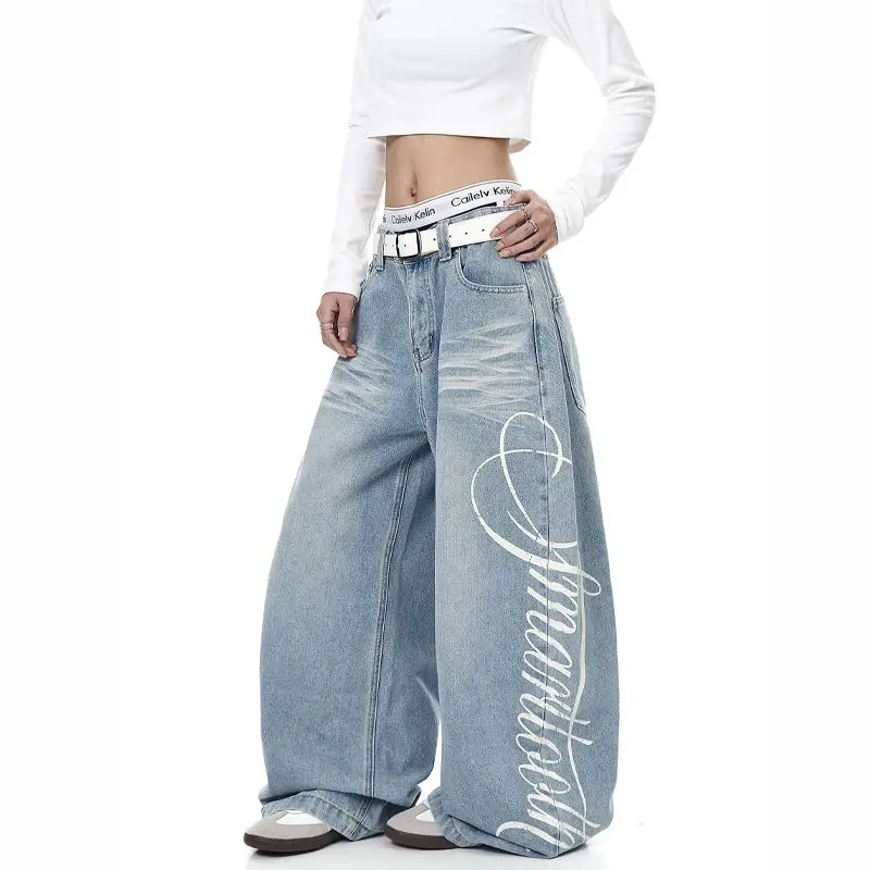 

Осенние женские свободные узкие широкие брюки-карго с высокой талией, прямые джинсы с принтом в американском стиле ретро, женские новые джинсовые брюки высокого класса