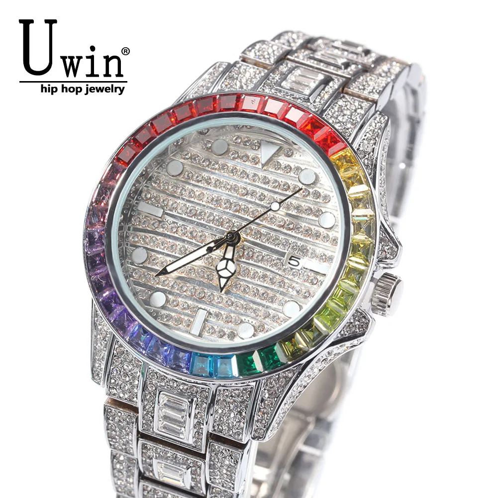 

Uwin Baguette CZ Watches Rainbow Surround Full Iced Out Big Dial Watches Men Stainless Steel Fashion Luxury Rhinestones Quartz