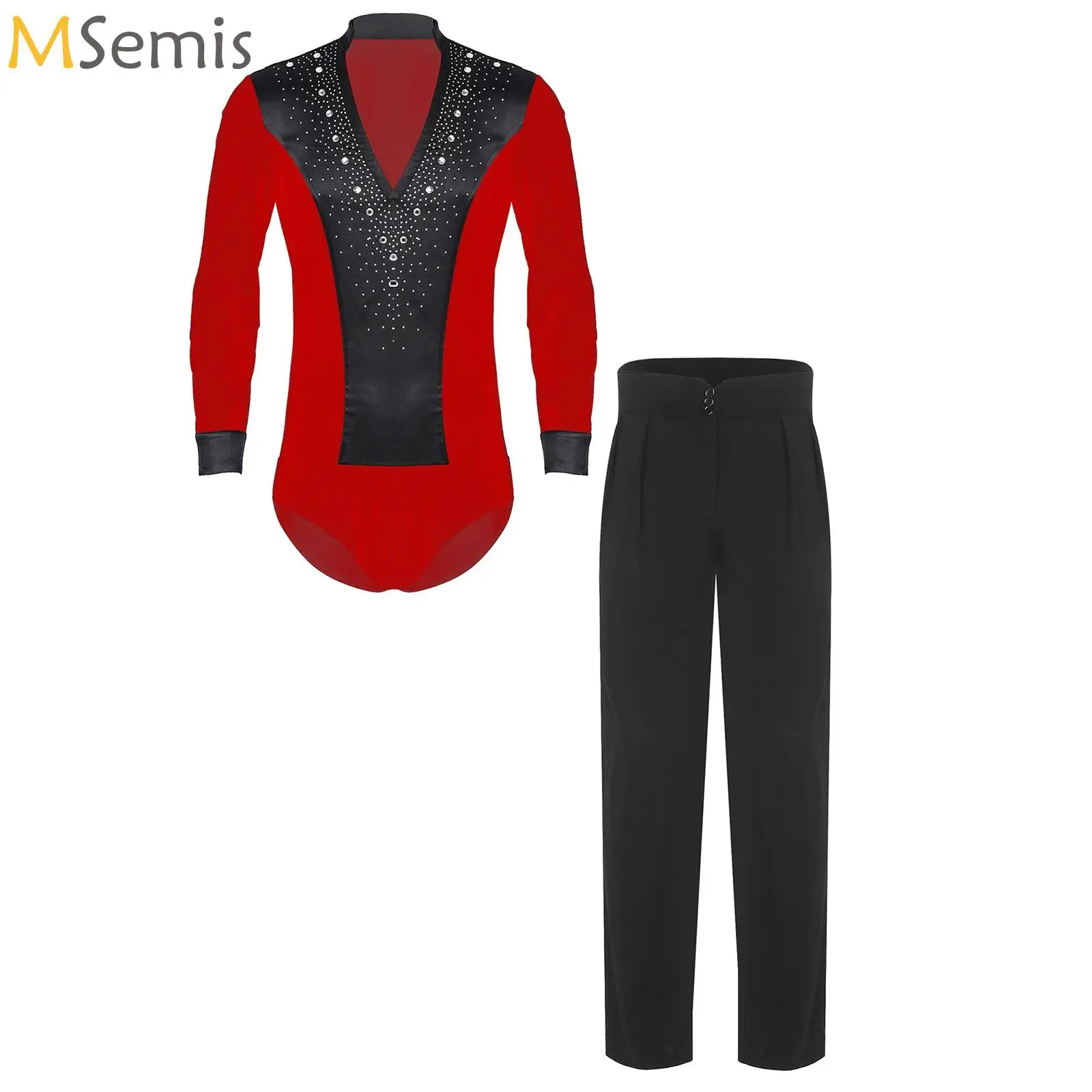 

Men Latin Jazz Dance Outfit Performance Costume Tango Set Long Sleeve Rhinestone Ballroom Chacha Tango Dance Bodysuit + Pants