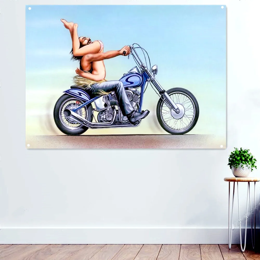 

Hottie Motorcycle Rider Posters & Prints For Boys Room Banner Wall Art Flag Pub Club Man Cave Bar Garage Wall Decor Painting